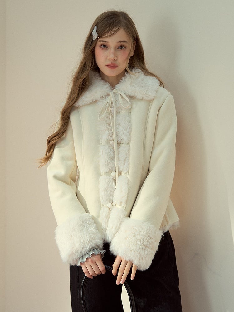 Fur Jacket Toggle with Beige Collar Vintage Button