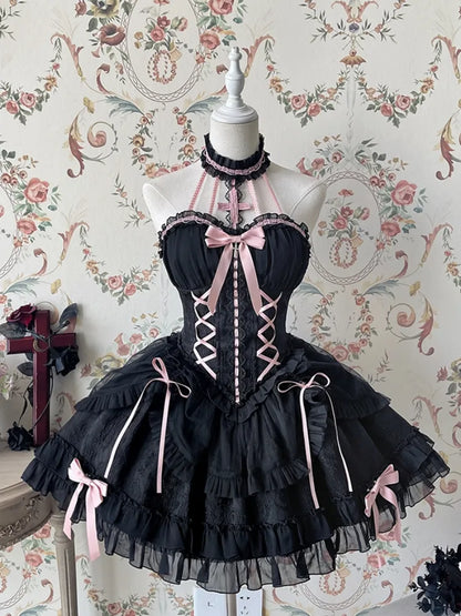 Cross Belle – Schwarzes und rosa Neckholder-Korsettkleid, Balletcore, Lolita, JSK