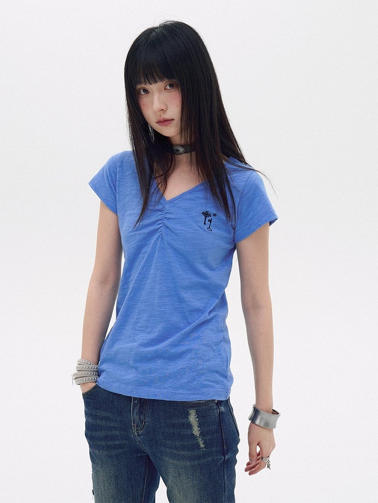 Sky Blue Cotton V-Neck Tee with Key Embroidery - innomoood
