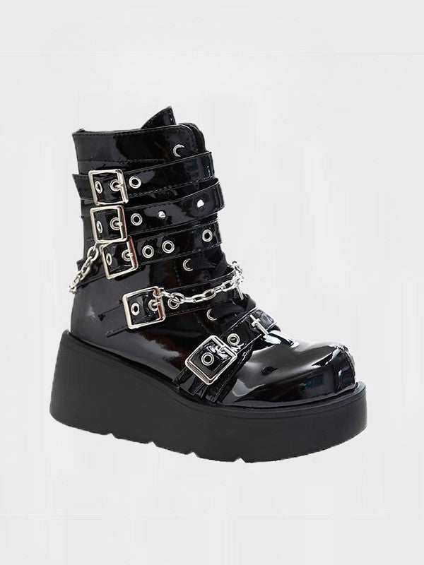 Boots Sole Platform in Design Mid-Calf Style - Buckle Straps Black with Polished Gothic