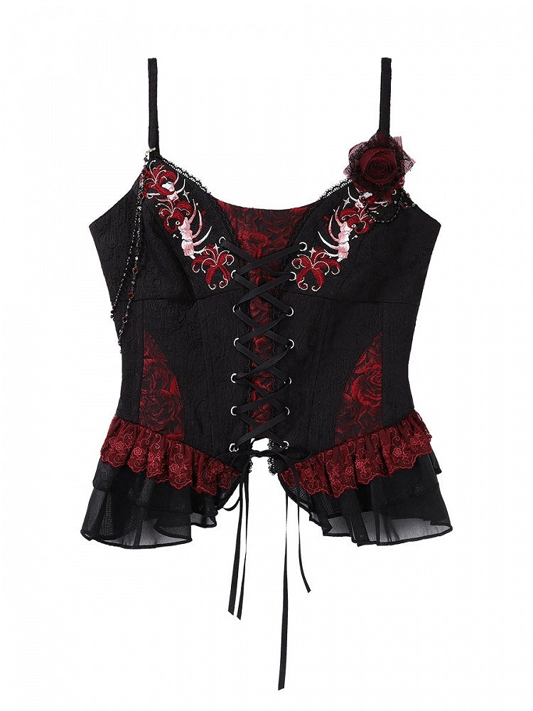 Black Red Gothic Corset Top and Skirt Set with Choker - Xiong Dou Jiang
