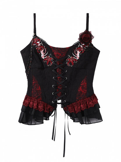 Black Red Gothic Corset Top and Skirt Set with Choker - Xiong Dou Jiang