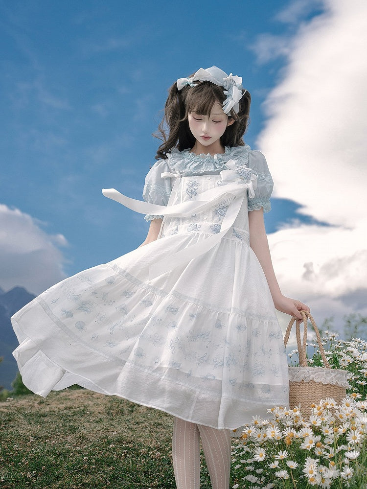 Sleeveless Tie Strap Shell Embroidered Dress in White and Blue - Yimu Walnut