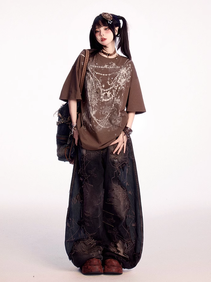 ロウブラック ローライズ ダメージ加工 ホールズ ワイドレッグジーンズ