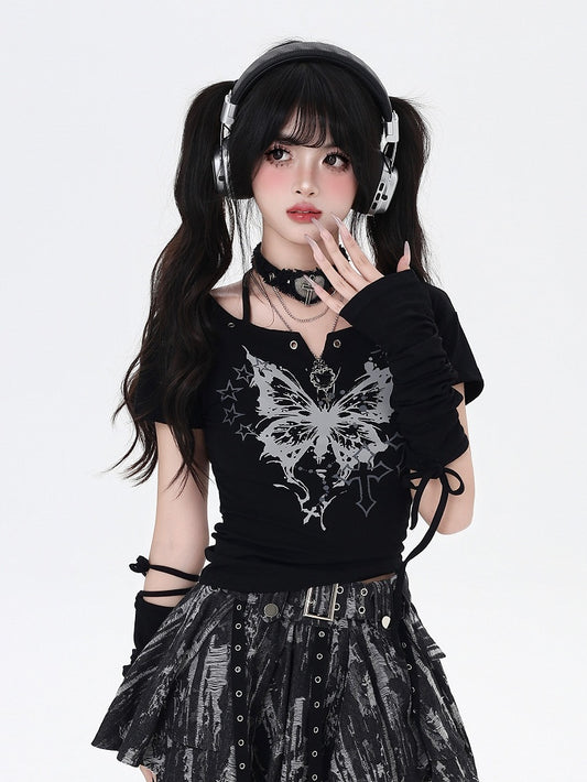 Butterfly Print Halter Neck T-Shirt Armwear with Black/White