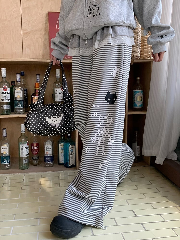 Cat Wide-leg Gray Hem Drawstring Print Star Striped Pants -