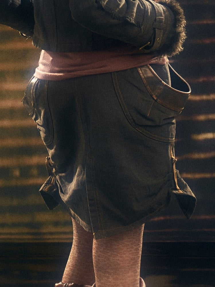 Multi-Slit Embroidery Design Skirt Black Short with Punk Denim