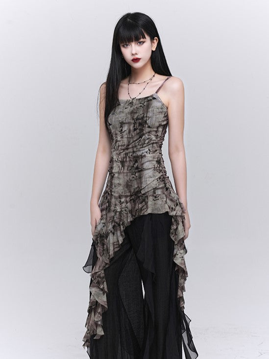 Asymmetrical Top with Ruched Brown Cami Hem Glamorous Flounce Waist