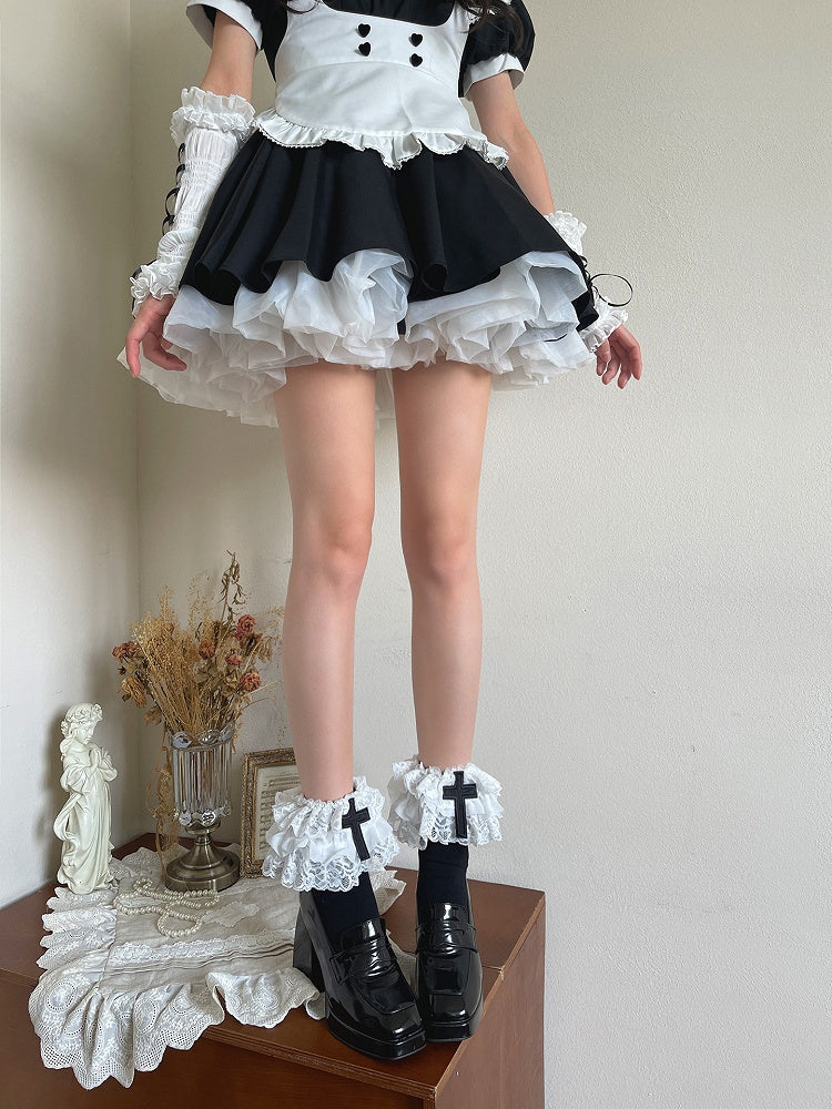 BlackWhite Gothic Decoration Ruffled 3-Layer Sockswith Cross Lolita