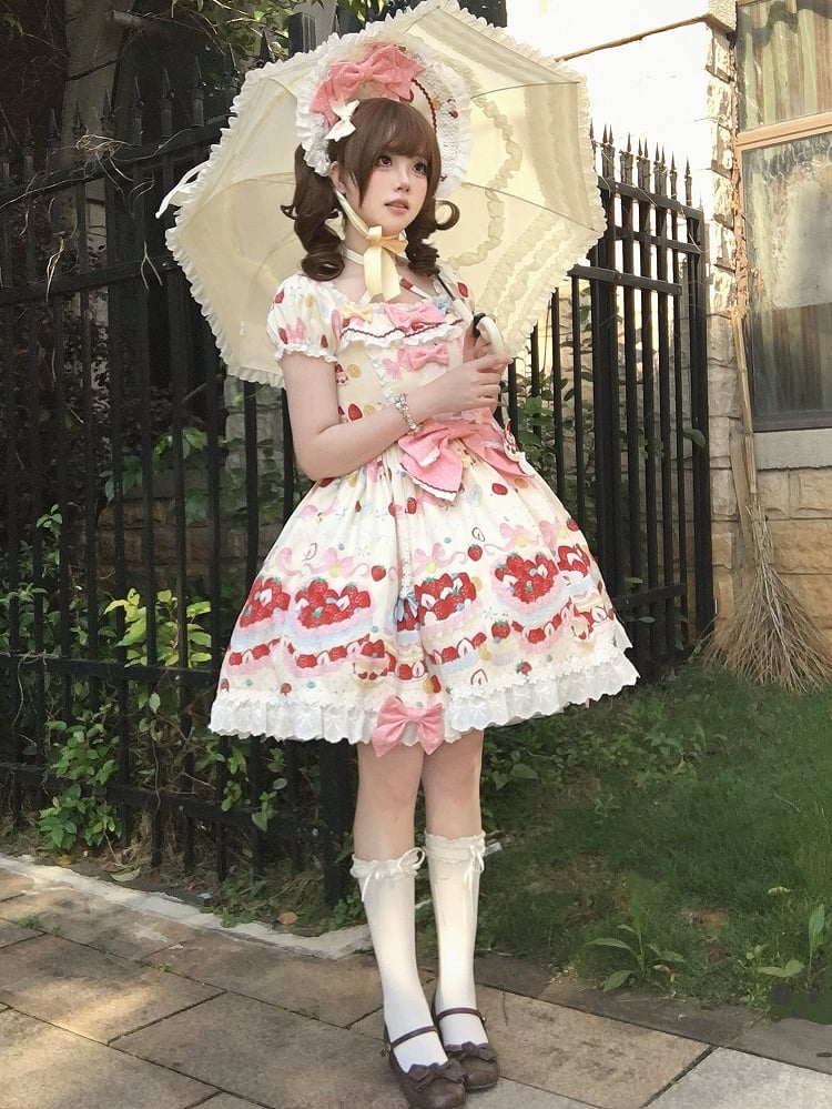 Lolita Kurzes, einteiliges, süßes Kleid mit weißen Ärmeln und cremigem Erdbeerdruck