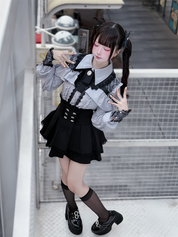 Long Blouse Sleeves Dusty Buttons Blue - Kei Sweetheart Jirai