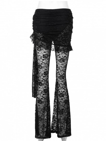 Flare Gothic Black Set: Halloween Floral Draped Embroidered Skirt Pants + with Asymmetrical Tie