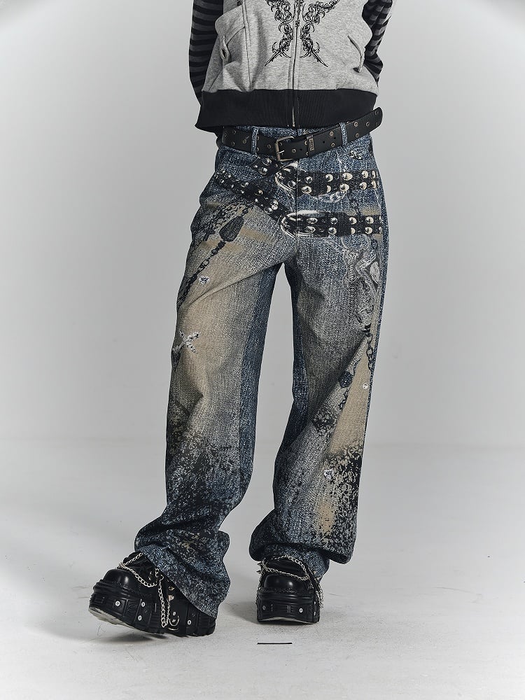 Wide-Leg Cuff Blue Belt Black + Charm Y2K Print Punk Cross Splatter with Jeans