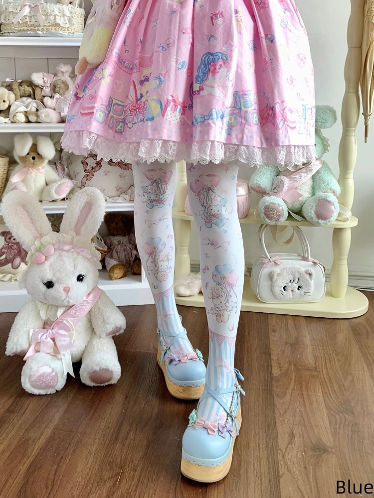 Print Pink/Blue/Green Tights Lolita Cute Balloon Bunny Velvet