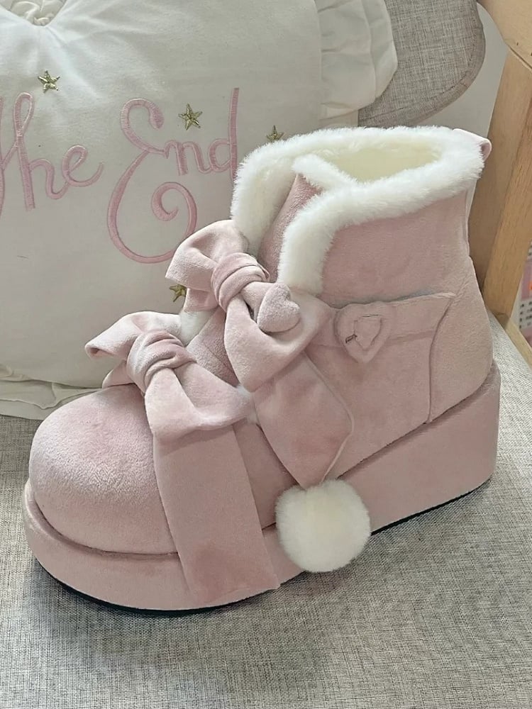 - Lolita Sweet Platform Boots Pompon Winter Charm Pink