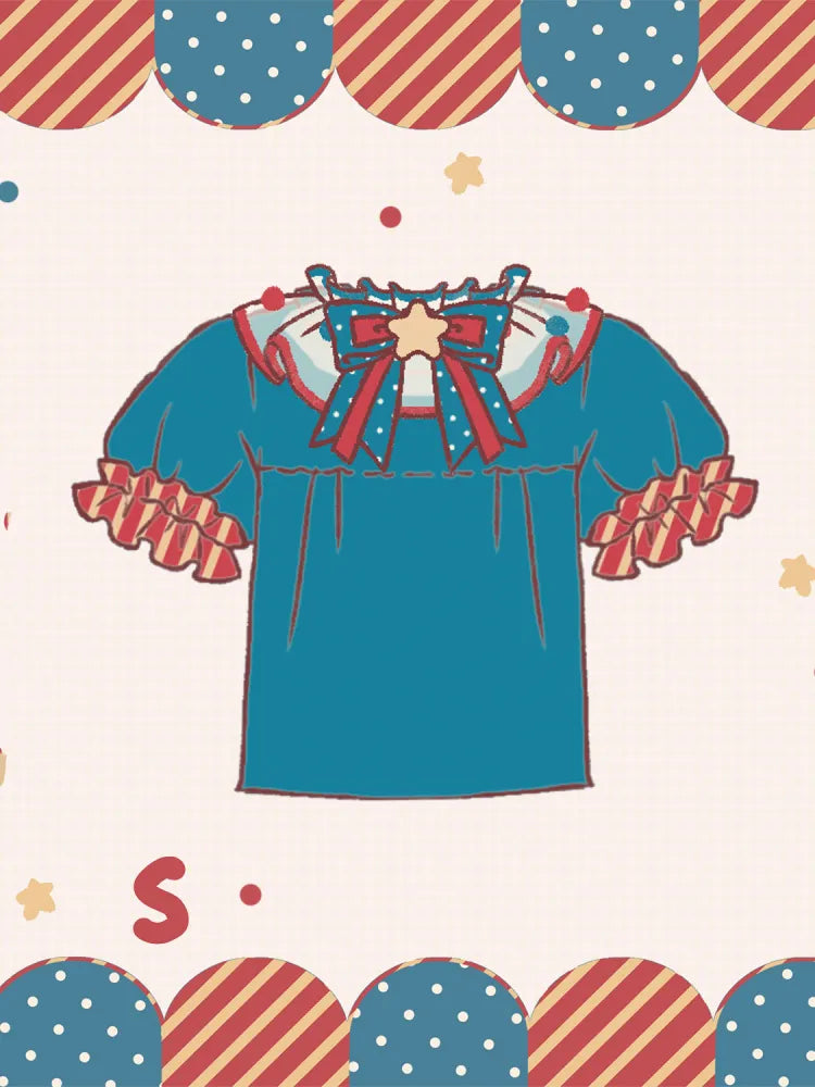 Süße Bluse mit Pompoms-Kragen und Puffärmeln in Dunkelblau und Rot