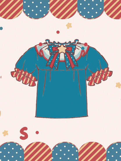 Süße Bluse mit Pompoms-Kragen und Puffärmeln in Dunkelblau und Rot