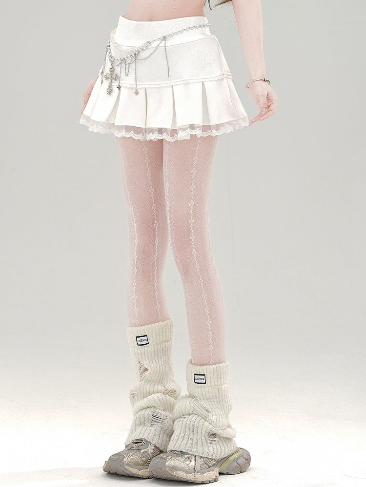 プリーツミニレースアプリコットボックススカートトリム