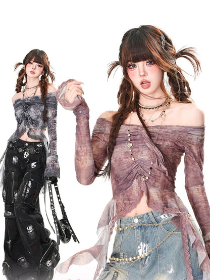 Lila/Graues, schulterfreies Top mit Kordelzug