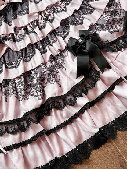 Black Pink High Waist Ruffled Lolita Jumper Skirt - Mademoiselle Pearl