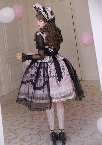 Black and Pink Curtain Tulle Overlay Flying Horse Print Skirt Lolita Jumper Skirt