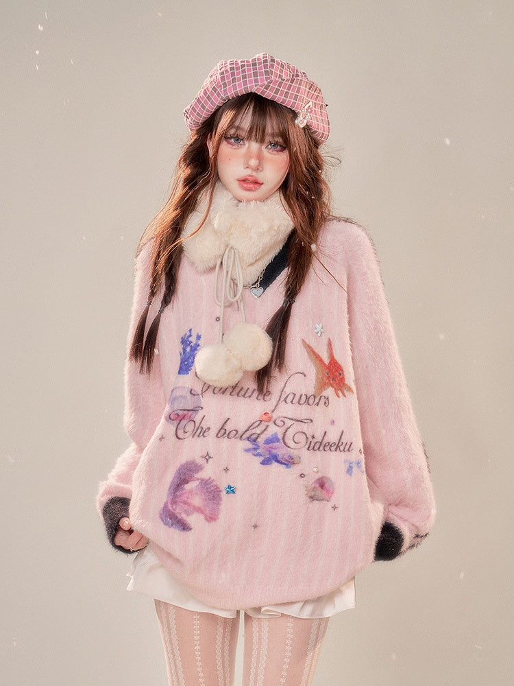 V-Neck Plush Sweater with Oceanic Prints Cozy Pink Stripes