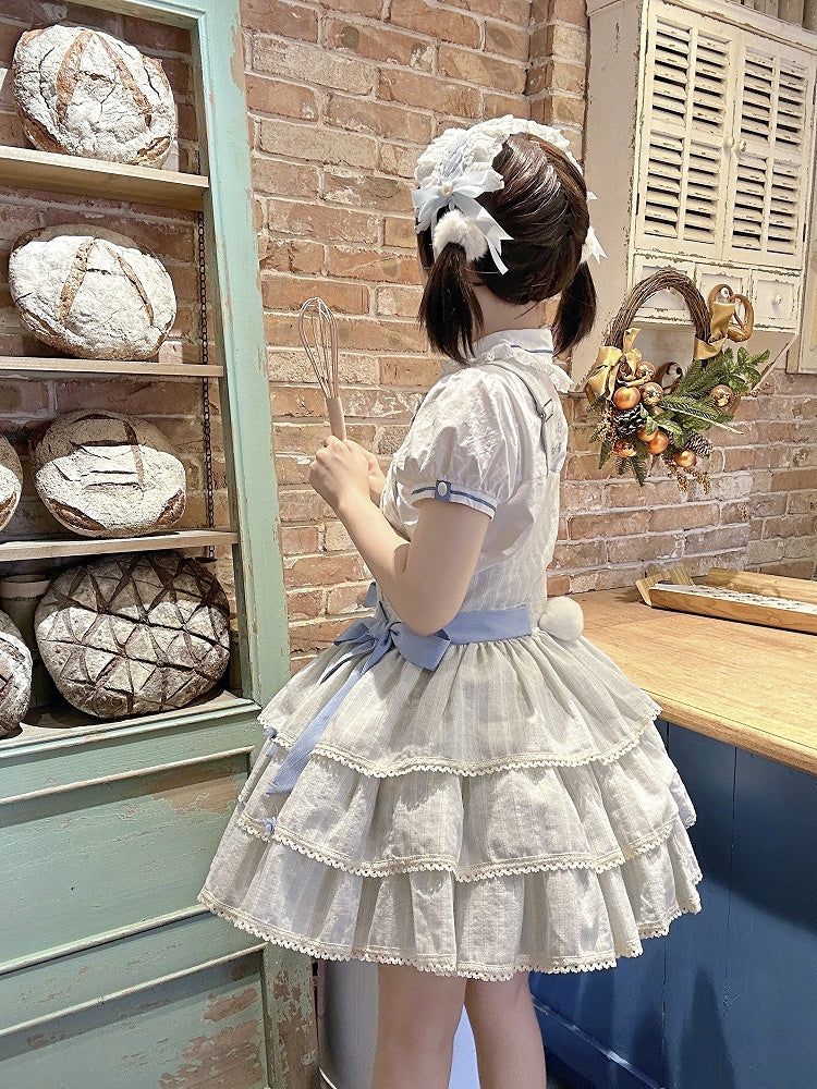 Sweet Ruffle Layered Striped Dress Bow with Accents Overall Blue Lolita