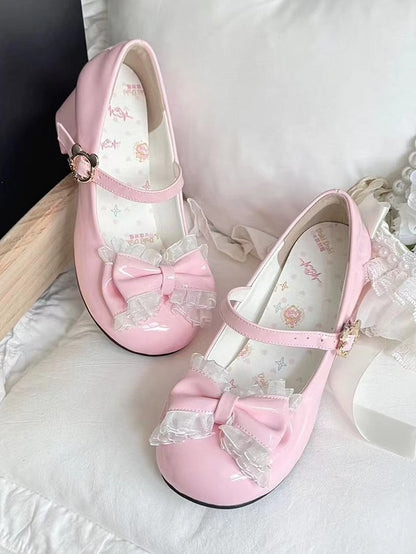 with Floral Round - Lolita Sweet Mid Heels Toe Pink Bow