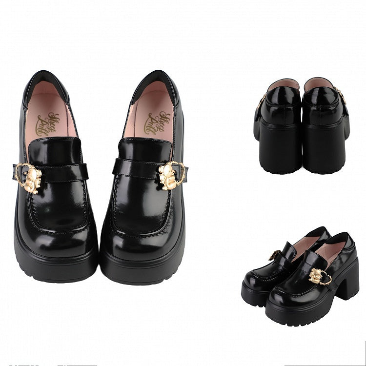 Matte Slipons Hugging Heart High Bear Plateau Heels Schwarz Schnallen Block