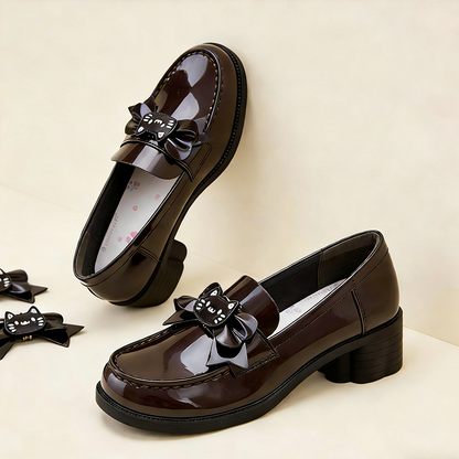 School-style Accents Paw PU Cat Bow Decor with Heels Loafers Mid-heel Brown 5cm