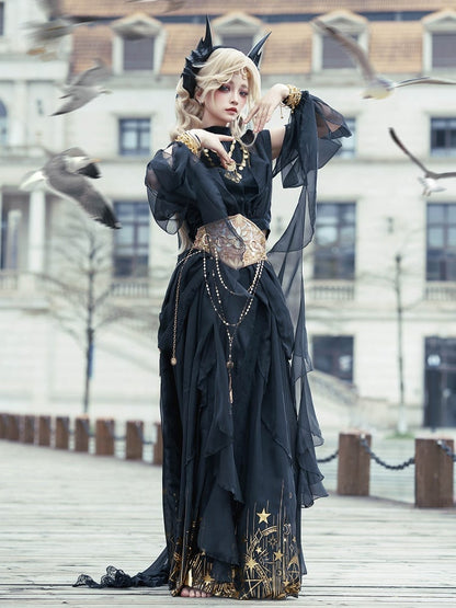 Sleeveless Vibes Moon Stars Full Neck Black Skirt + Print Top Golden Greek Halter and Set