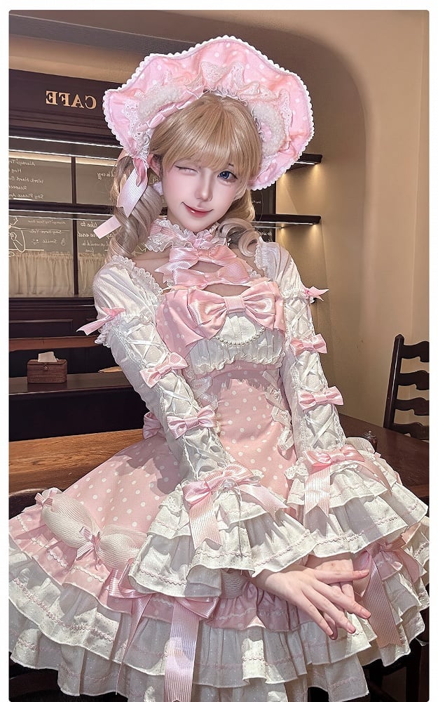 Sleeves Polka and Pink Old with Dress Lolita Accents Bow Neck Halter Dot Puff School