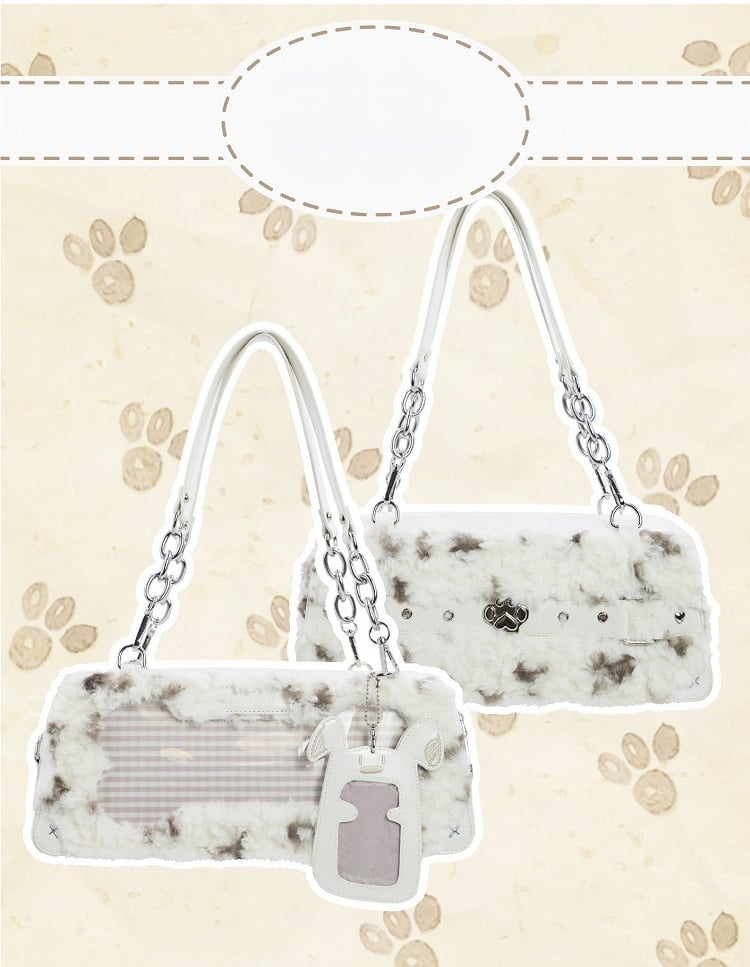 White Plush Ita Bag with Cute Puppy Charm - Daylight