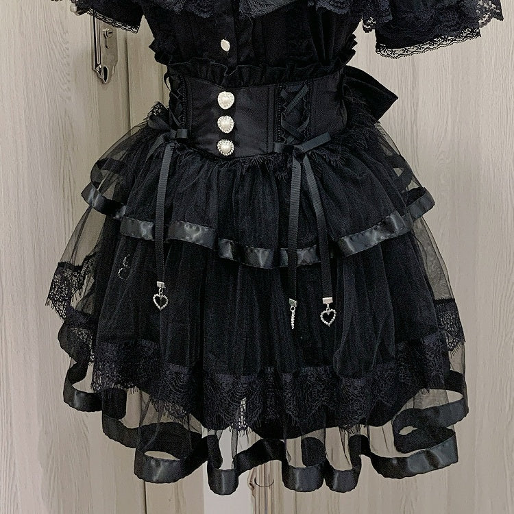 Gestufte Schleife Jirai Kei Schwarz/Weiß Mesh Balletcore Taille Selbst-krawatte Zurück Stäbchen Rock Hohe