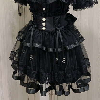 Gestufte Schleife Jirai Kei Schwarz/Weiß Mesh Balletcore Taille Selbst-krawatte Zurück Stäbchen Rock Hohe