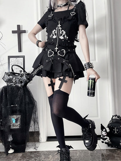 Black Ruffled Studded Vest with Cross Zip & Heart Straps