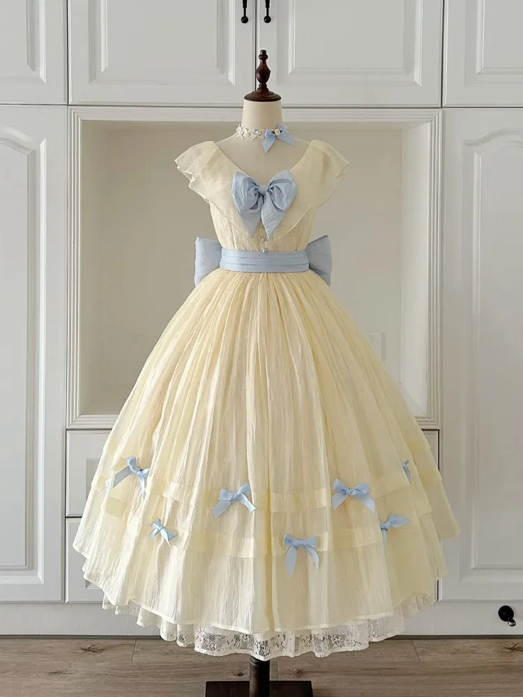 Lolita V-neck Blue Belle with Yellow Princess Detachable Dress Bows
