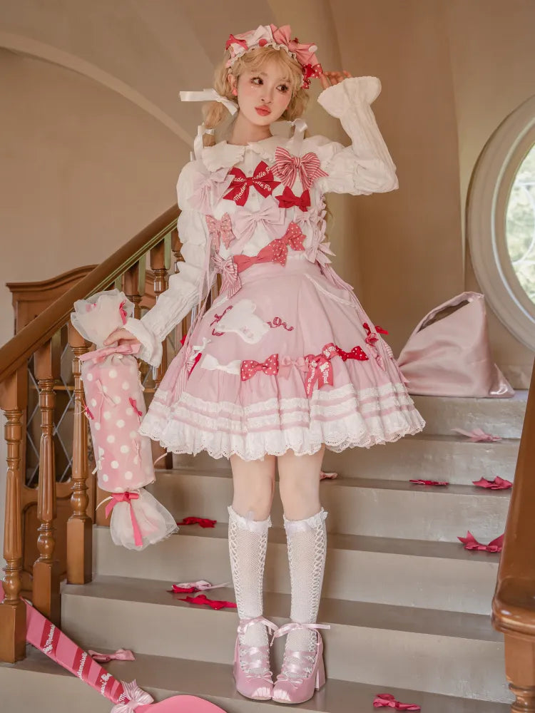 Skirt Pink Embroidery Shoulder Patch Detachable Lolita with Sweet Straps Bunny