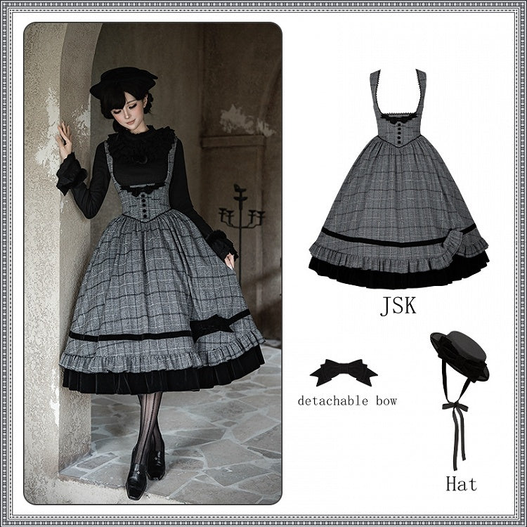 and Detachable Under + Lolita Set Bow Dress Bust Black Hat Plaid Elegant Gray