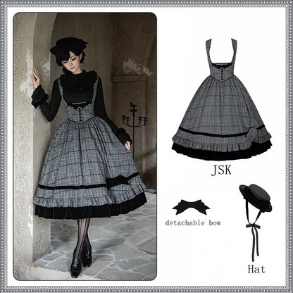 and Detachable Under + Lolita Set Bow Dress Bust Black Hat Plaid Elegant Gray