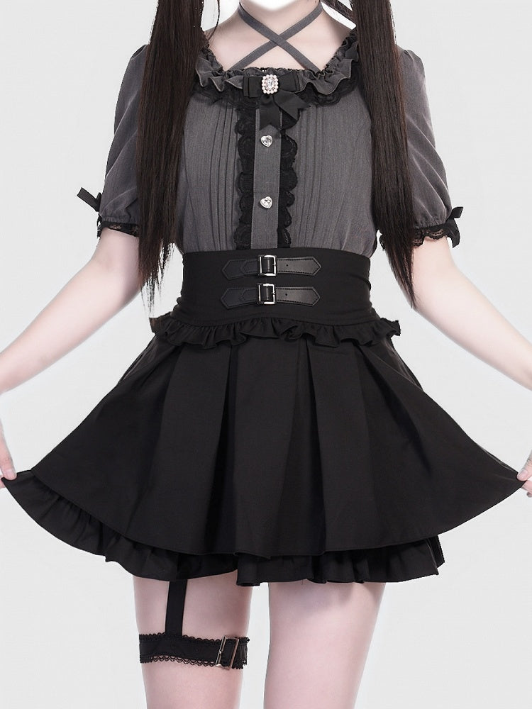 Garter Black Detail Tiered Buckle Strap Skirt Jirai Box Double with Pleat Kei