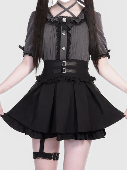 Garter Black Detail Tiered Buckle Strap Skirt Jirai Box Double with Pleat Kei