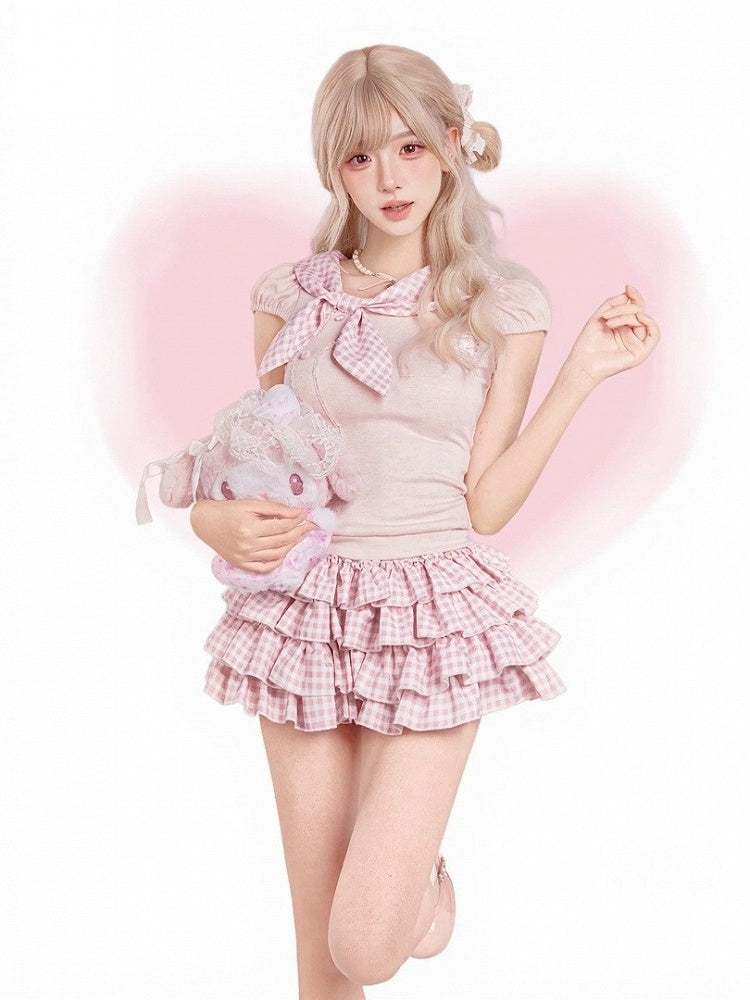 Pink Gingham Tiered Skirt with Shorts - serendipity
