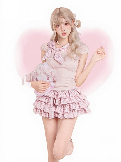 Pink Gingham Tiered Skirt with Shorts - serendipity