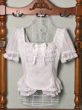 White Square Neckline Short Sleeves Blouse