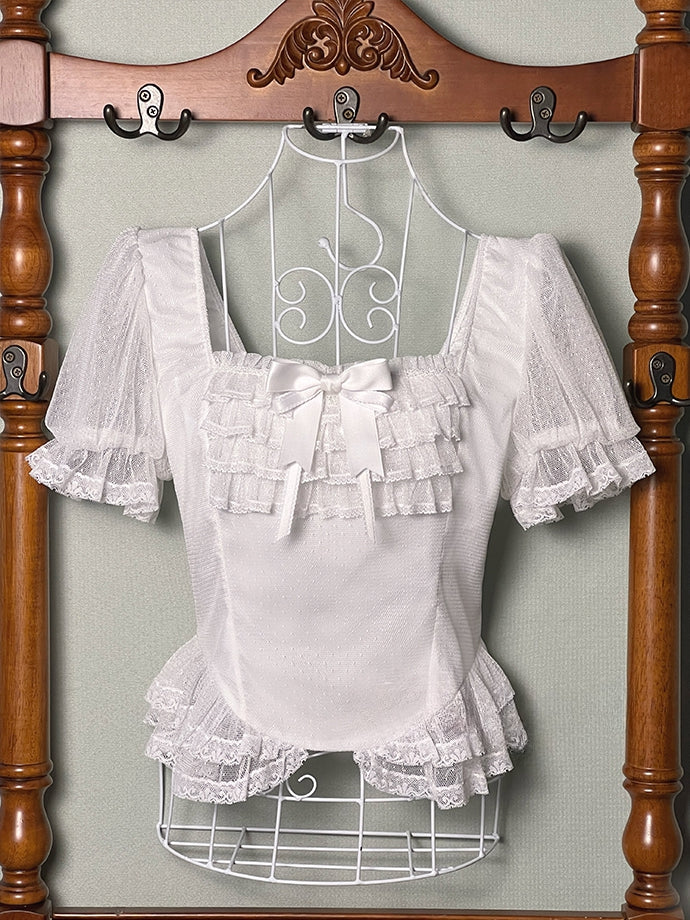 White Square Neckline Short Sleeves Blouse