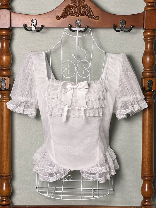 ホワイトスクエアネック半袖ブラウス