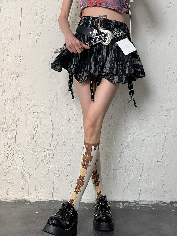 Cookie Print Y2K Bowknot And WhiteBrown Underknee Bittersweet Stockings