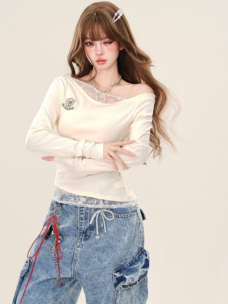 Aprikose/königsblaues, schmal geschnittenes Oberteil mit Spitzenakzenten und asymmetrischem Ausschnitt