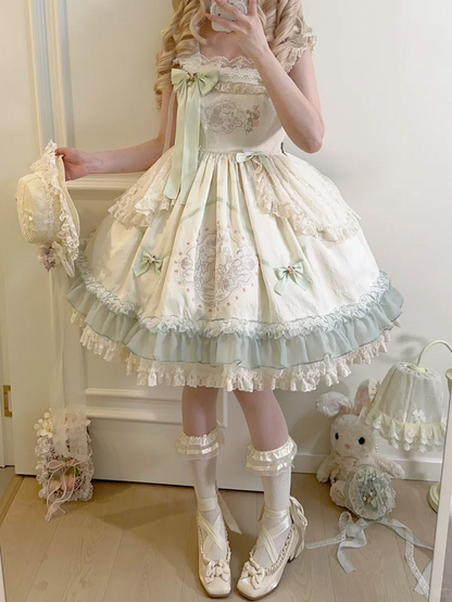花柄ウエストハイスカート テディ刺繍ジャンパー ロリータと布の蝶結び